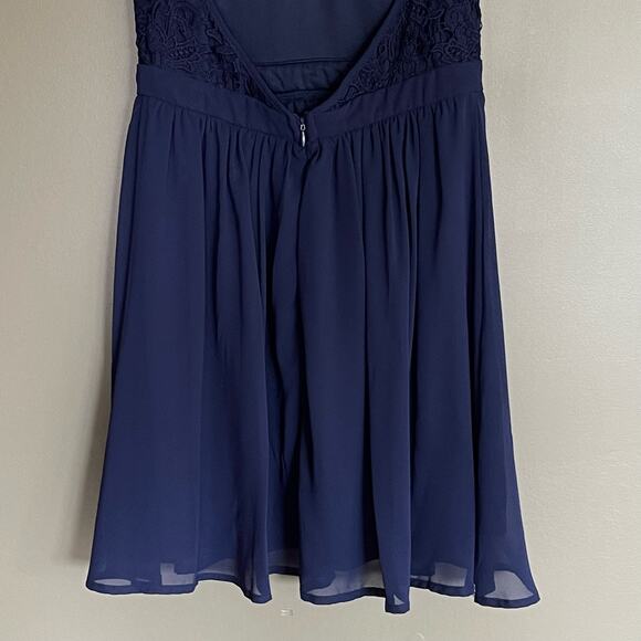 Lulus Romantic Tale Navy Blue Lace Mini Skater Dress Size Medium Open Back Sexy - Picture 13 of 16